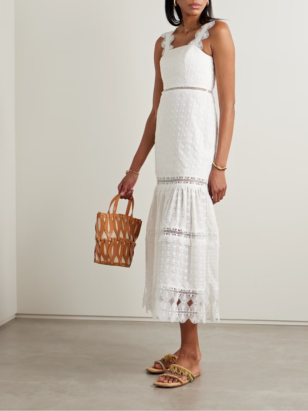 Waimari White Lace-Trimmed Broderie Ibiza Cotton-Poplin Midi Dress Large - Picture 2 of 12